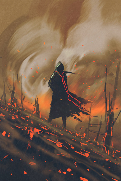 людина в чорному плащі, що стоїть проти палаючого лісу
 - Фото, зображення