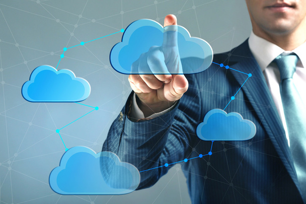 Hand pushing on virtual cloud. Cloud storage concept - Foto, immagini