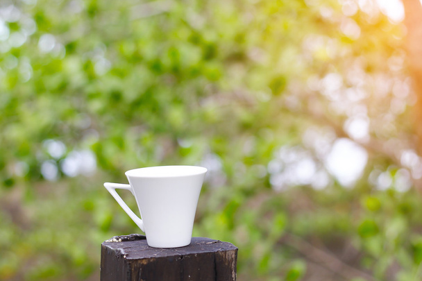 Stockfoto koffiekopje op stomp droog, ontspanning bos achtergrond scène - Foto, afbeelding