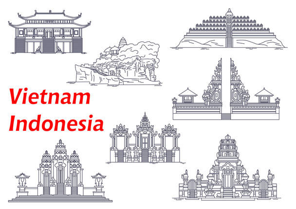 Αρχαίοι ναοί της Ινδονησίας και του Βιετνάμ εικόνες - Διάνυσμα, εικόνα