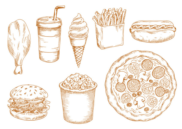 Retro stylized sketch of fast food lunch - Vector, Image