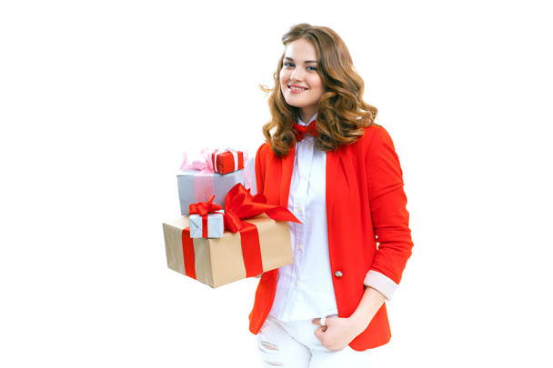 Joyful woman holding a box with gift - Fotó, kép