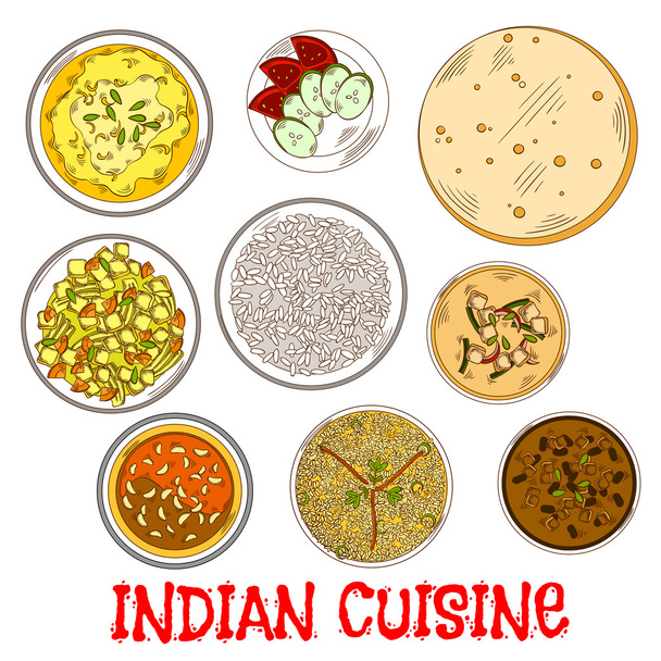 Indiai vegetáriánus Thali vázlat különböző curry - Vektor, kép