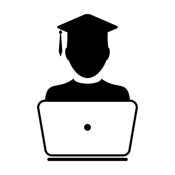 Studenten-Ikone mit Laptop-Computer - Online-Graduierung, akademische Ausbildung, Studium-Ikone - Vektor, Bild