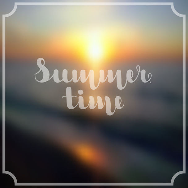 Lettering "Summer time" in white color on abstract blurry background sunrise over the sea. Vector illustration. EPS 10. - Vector, Image