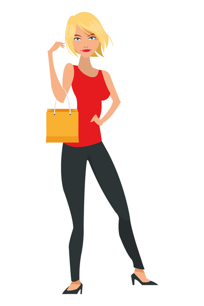 Mujer sosteniendo bolsa de compras
 - Vector, imagen
