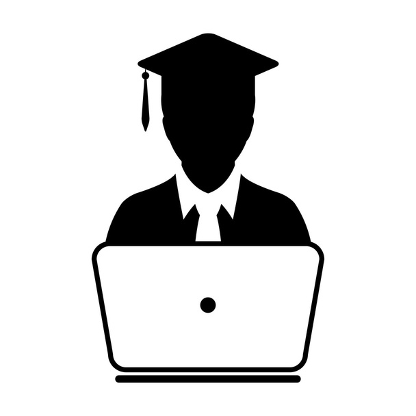 Icono del estudiante con el ordenador portátil - Graduación en línea, Académico, Educación, Icono de grado en la ilustración del vector de glifo
 - Vector, Imagen