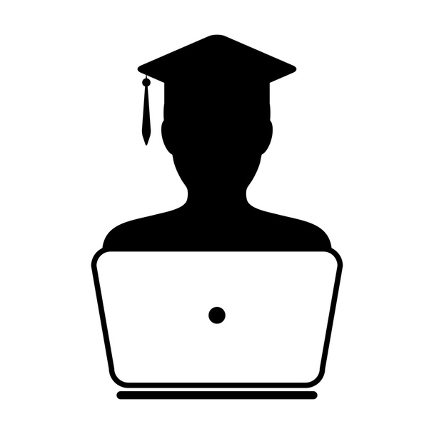 Studenten-Ikone mit Laptop-Computer - Online-Graduierung, akademische Ausbildung, Abschluss-Ikone in Glyphen-Vektorillustration - Vektor, Bild