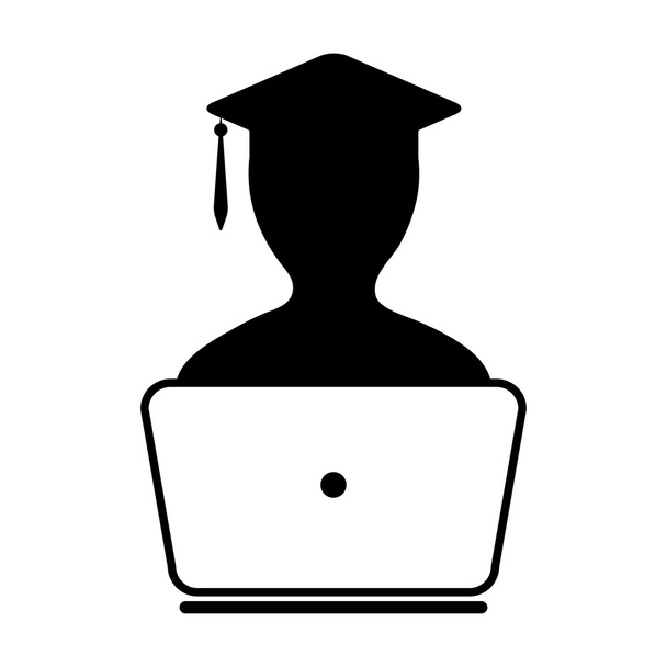 Studenten-Ikone mit Laptop-Computer - Online-Graduierung, akademische Ausbildung, Abschluss-Ikone in Glyphen-Vektorillustration - Vektor, Bild