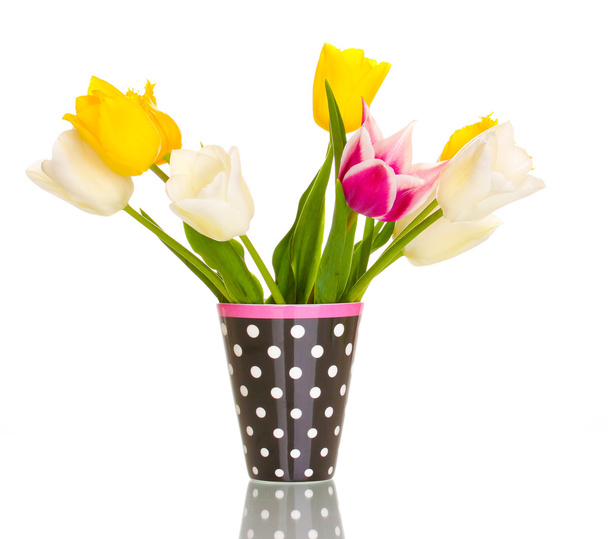 Beautiful tulips in vase isolated on white - Foto, Imagem