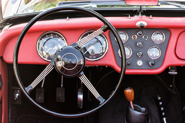 Steering wheel and dashboard in historic vintage car - Photo, Image