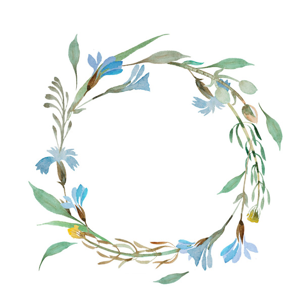 romantic wreath of blue flowers painted in watercolor - Photo, image