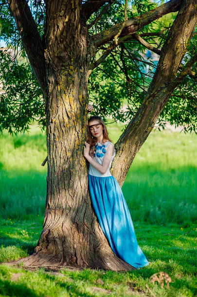 girl in a long blue  dress  - Fotoğraf, Görsel