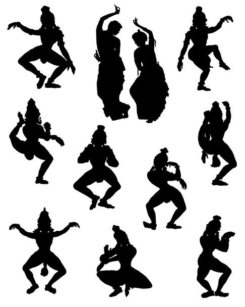 A collection of silhouettes of people in Indian dance poses. - Vector, Image