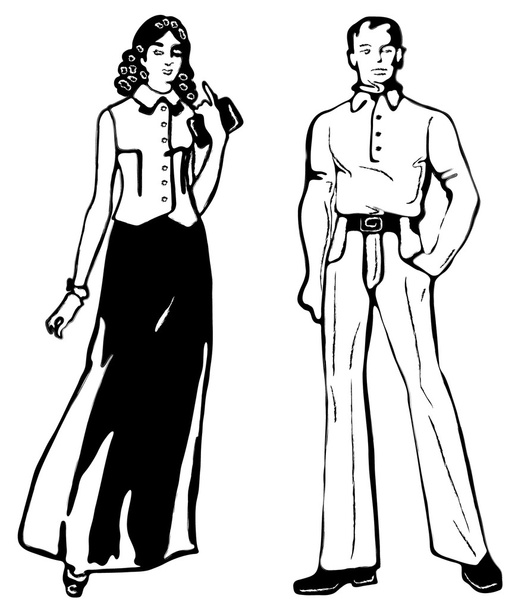 Schwarz-Weiß-Zeichnung von Männern und Frauen auf weißem Hintergrund. - Vektor, Bild