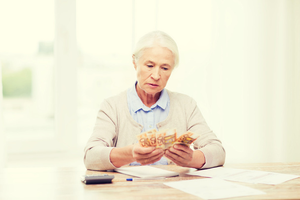 senior woman with money and papers at home - Foto, Imagen