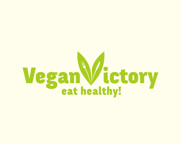 Vegan Victory Abstract Vector Sign, Emblem or Quote. Fork and Knife in a Leafs Concept. - Vector, Image