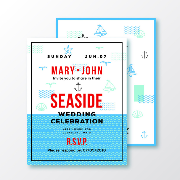 Sea Side Wedding Invitation Card or Ticket Template. Modern Typography and Nautical Symbols on Background. Red, Blue, White Colors. - Vector, Image