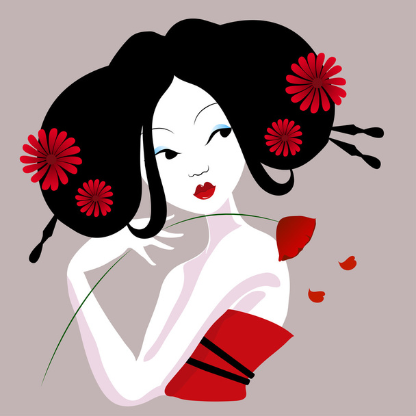 illustration of a beautiful geisha in red dress. very gentle and passionate. - Вектор,изображение