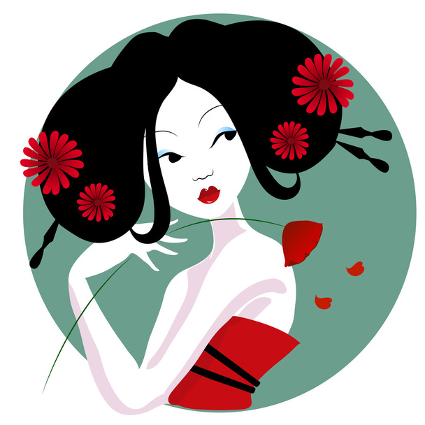 illustration of a beautiful geisha in red dress. very gentle and passionate. - Vetor, Imagem