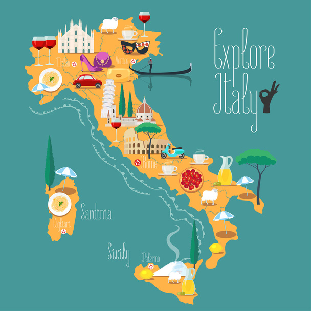 Mappa di immagine vettoriale di Italia, design. Icone con monumenti italiani - Vettoriali, immagini