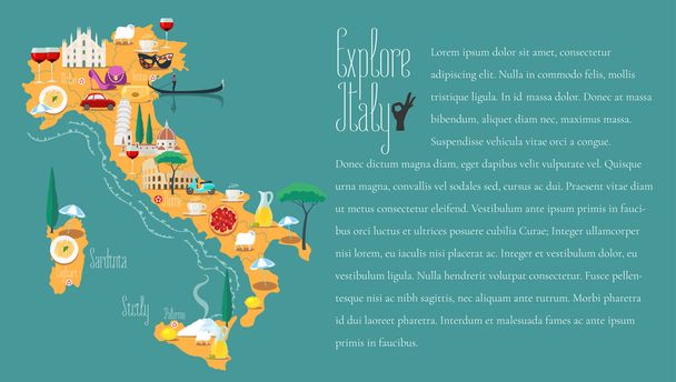 Mapa de ilustración vectorial de Italia, diseño. Iconos con monumentos italianos - Vector, imagen