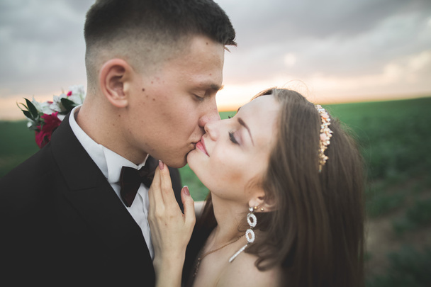 Wedding, Beautiful Romantic Bride and Groom Kissing  Embracing at Sunset - Foto, Imagen