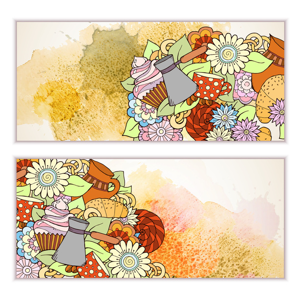 Breakfast banners. Pattern with coffee cezve, sweets and flowers. Tea and coffee hand drawn pattern. Card background for menu, site, cafe, restaurant, teahouse. - Wektor, obraz