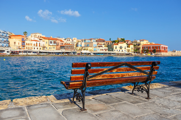 empty bench with view of the old port in Chania, Crete, Greece - Foto, imagen