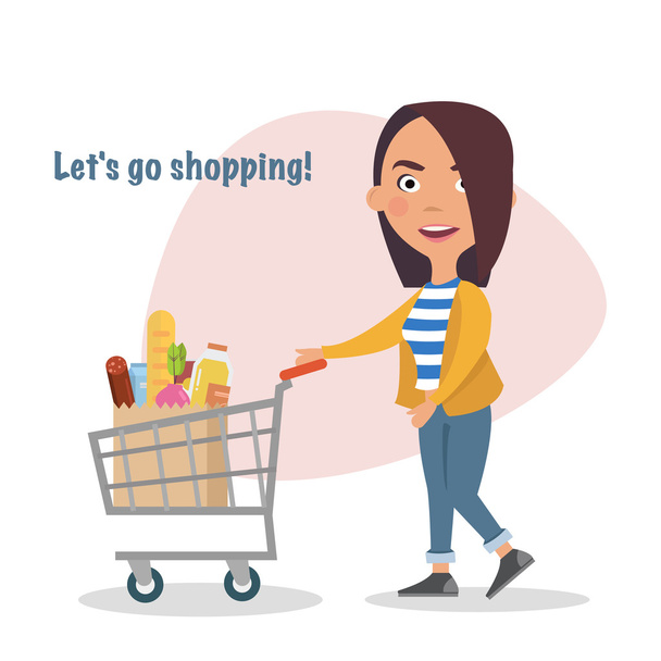 Happy Girl and shopping cart full of eating, goods, food, beverage, beauty. Buyer.Sale. Vector illustration of a flat design - Vector, Image