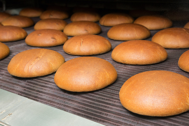 Hot baked bread loafs on a line - Fotó, kép