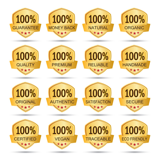 Collectie van gouden 100% badges - Vector, afbeelding