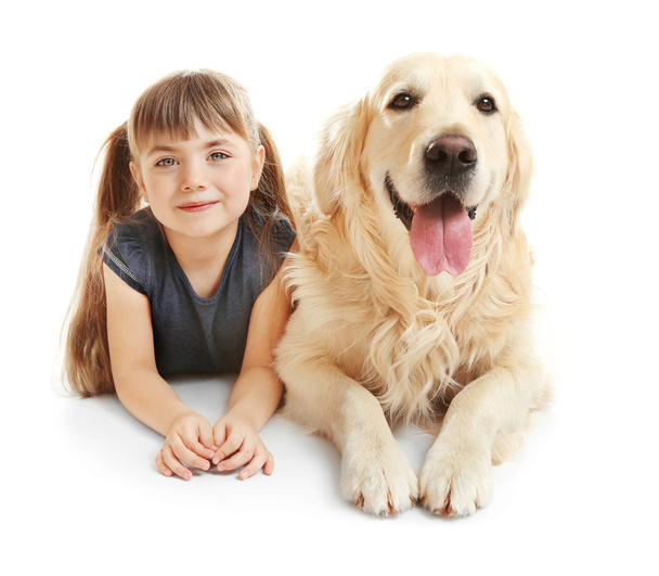 Little girl and big kind dog  - Фото, зображення