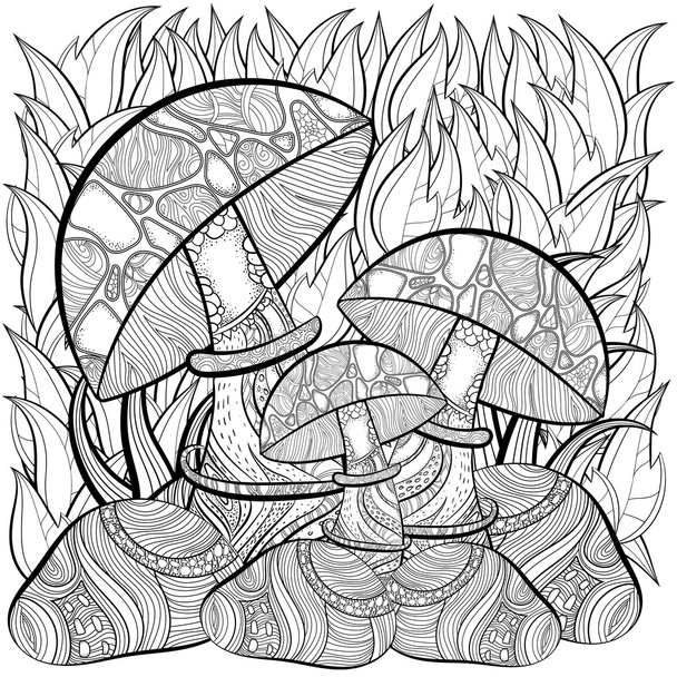 Coloring book page for adults. Scene with mushrooms - Διάνυσμα, εικόνα
