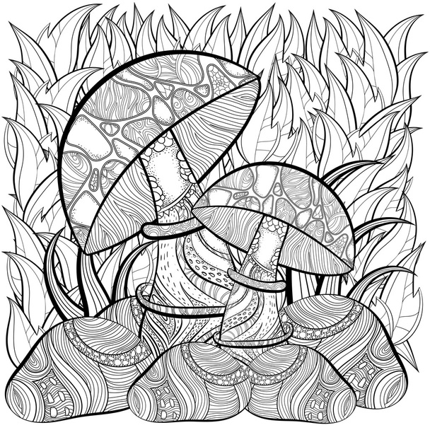 Coloring book page for adults. Scene with mushrooms - Vector, Image