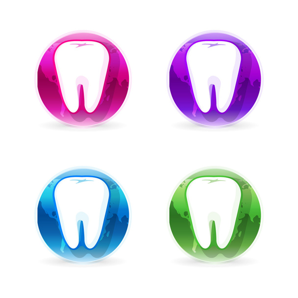 孤立した白い歯ベクトルのロゴを設定します。丸い形。歯の白い背景の上衛生ロゴタイプ コレクション。歯科インプラントのアイコン グループです。齲蝕治療の記号. - ベクター画像