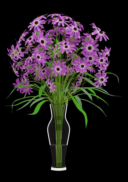 purple flowers in glass vase isolated on black background. 3d il - Zdjęcie, obraz