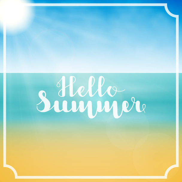 Письмо "Hello Summer" в белом цвете на абстрактном фоне летнего морского пейзажа. Векторная иллюстрация. EPS 10
. - Вектор,изображение