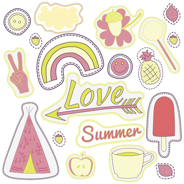 happy embroidery pink summer patches collection. vector illustration for stickers, , magnets, greeting card decoration - Vettoriali, immagini
