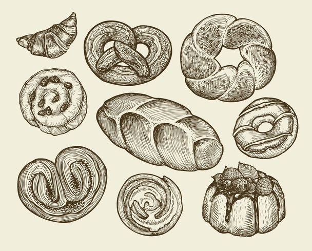 Hand-drawn vintage breads, pastries. Pie, pasty, cake, loaf, cookie, croissant, dessert. Vector illustration - Vector, Image