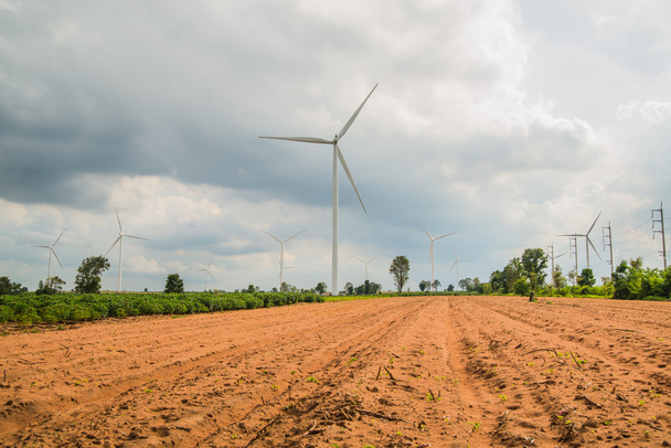 Windturbines opwekking van elektriciteit op het veld alle landbouw plantage in thailand - Foto, afbeelding