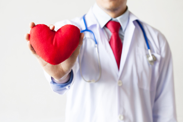 Doctor showing compassion and support holding red heart - Foto, imagen
