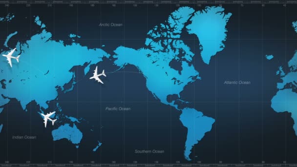 Vliegtuig rond wereld kaart. Tour. - Video