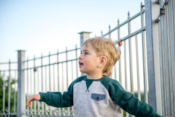 little boy climbed up on the fence - Photo, Image