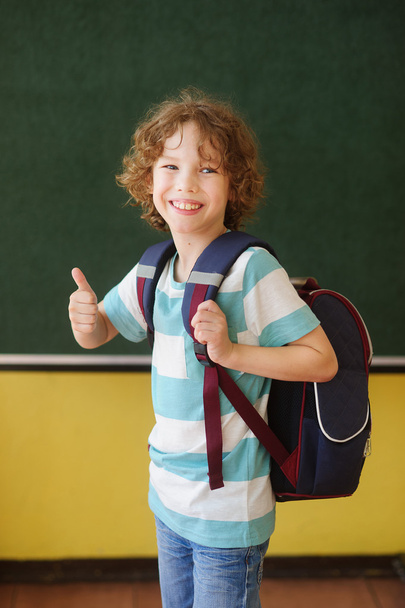 The cheerful pupil stands near a board in class. - Fotó, kép