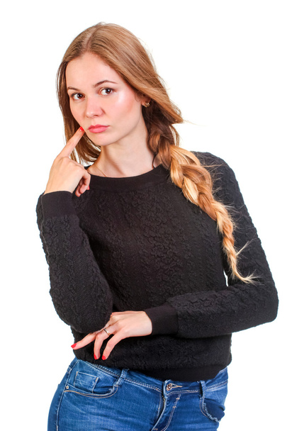 Happy woman in blank black sweater, isolated on white - Photo, image