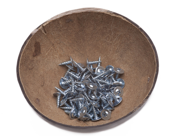 round box of screws on white background - Zdjęcie, obraz