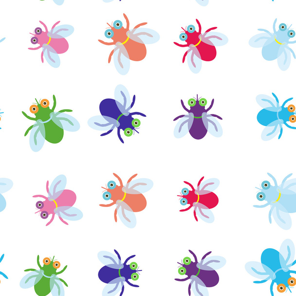 Seamless pattern Funny fly colorful red green blue violet pink with transparent wings on white background. Vector - Vector, Image