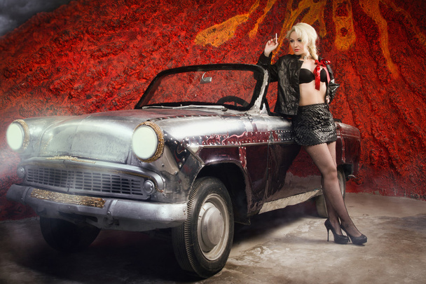 Pin Up Girl with a Classic Car - Photo, Image