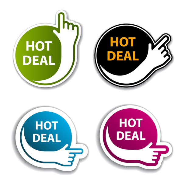 hand indicating hot deal stickers - Вектор, зображення